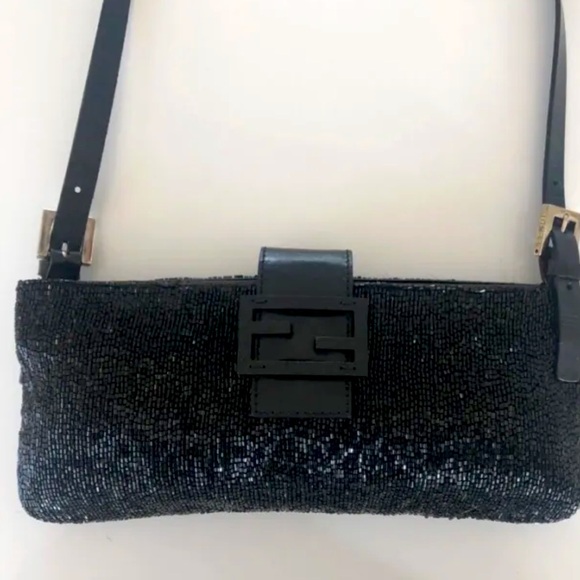 Fendi baguette embroidered glitter embellished black  leather beaded bag handbag - Picture 3 of 6